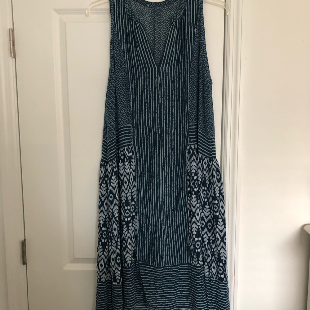 Boho Blue Patterned Sleeveless Long Dress